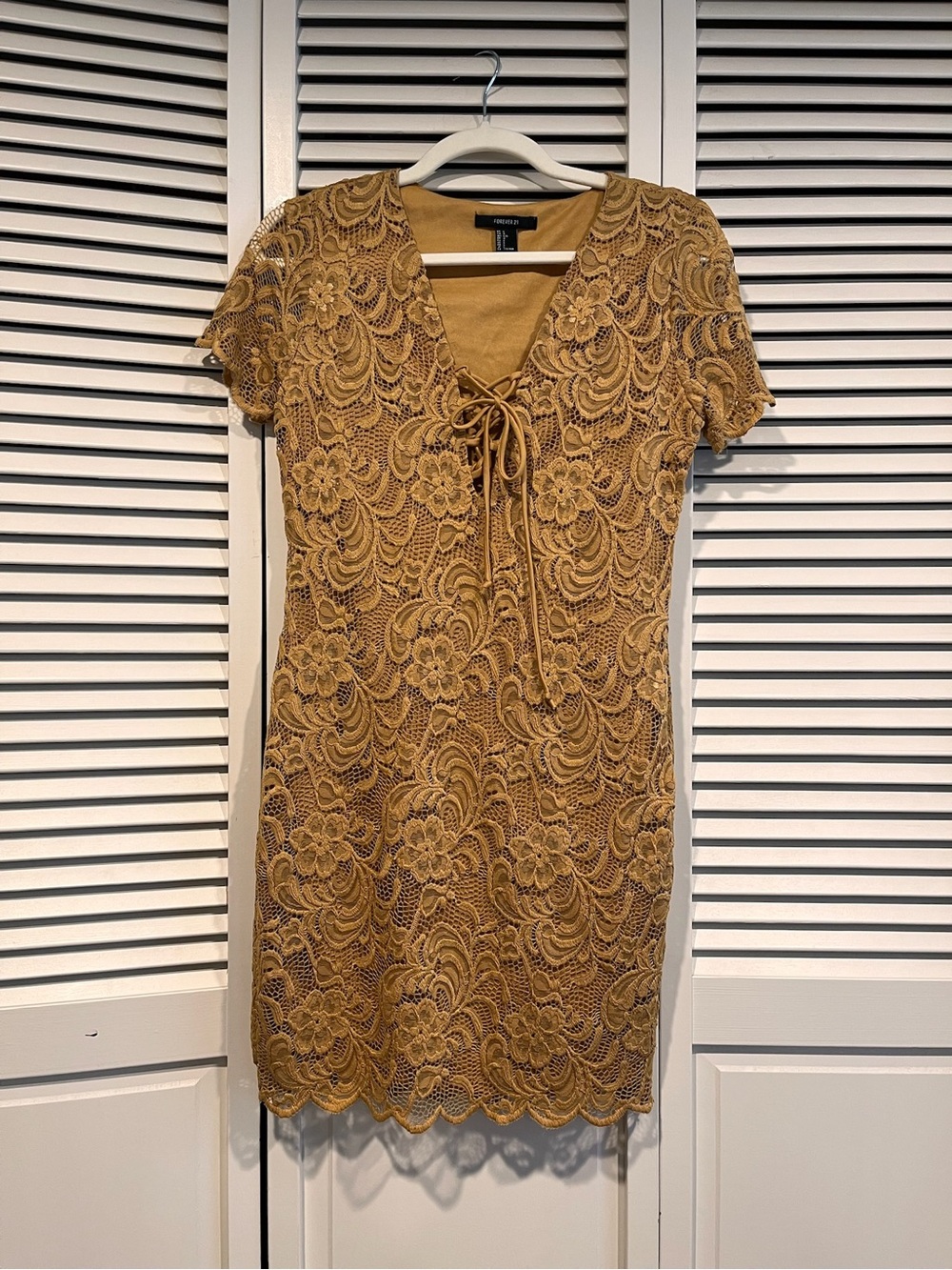 Forever 21 Mustard Lace Short Sleeve Dress with Tie Front - Body Contouring